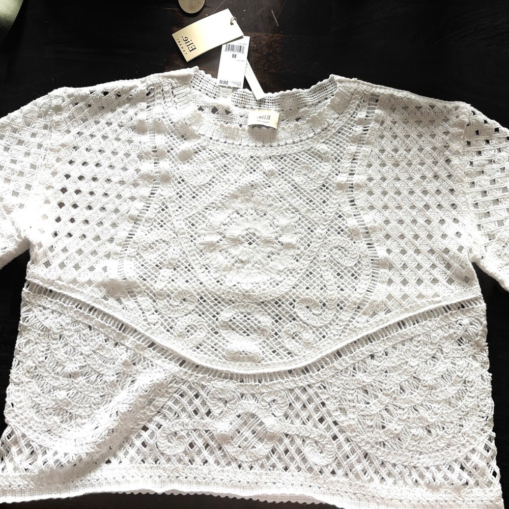 Elie Tahari White Lace Crochet Blouse